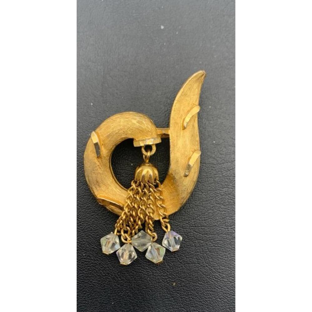 Vintage Gold Tone Art Nouveau Style Brooch W Dangle‎ Beads